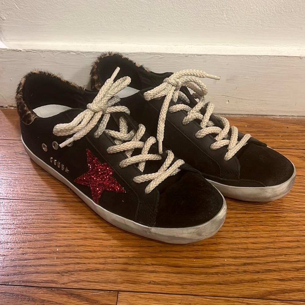 Black Holden Goose superstars with red sparkly star and leopard accent *WORN 2x!